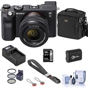 sony alpha 7c mirrorless digital camera with fe 28-60mm f/4-5.6 lens, black, bundle with bag, 128gb sd card, extra battery, compact charger, wrist strap, filter kit, cleaning kit