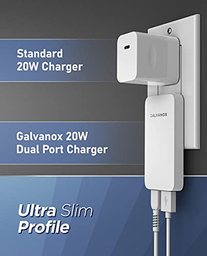 Type C Flat Wall Charger, Galvanox Ultra Slim (Multi-Port Power Adapter) for iPhone 11/12/13 iPhone 14 Pro/Max and Samsung Galaxy Models, 20W Fast Charging Outlet Plug (Dual USB-C USB-A)