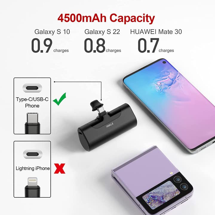 iWALK 4500mAh Portable Charger USB C Battery Pack, Compatible with Samsung Galaxy S22 Z Flip3 S20,S10,S9,S8,Note 20/10/9/8,Moto Z3/2,LG V35/G8/7/5,Nintendo Switch,Google Pixel 4/3/2XL, Black