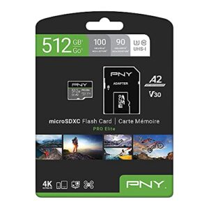 PNY 512GB PRO Elite Class 10 U3 V30 microSDXC Flash Memory Card - 100MB/s, Class 10, U3, V30, A2, 4K UHD, Full HD, UHS-I, micro SD