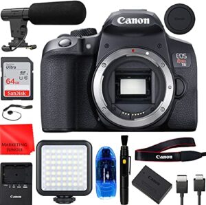 rebel t8i dslr camera (body only) bundle, starter kit with accessories (led light, shotgun mic, 64gb memory, cleaning pen and more)