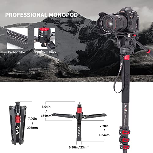 Avella CD324 Carbon Fiber Video Monopod Kit, with Fluid Head and Removable feet, 71 Inch Max Load 13.2 LB for Canon Nikon Sony Olympus Panasonic DSLR Camera