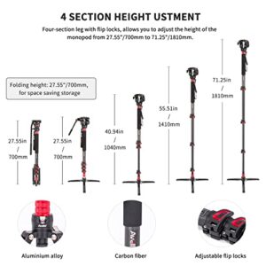 Avella CD324 Carbon Fiber Video Monopod Kit, with Fluid Head and Removable feet, 71 Inch Max Load 13.2 LB for Canon Nikon Sony Olympus Panasonic DSLR Camera