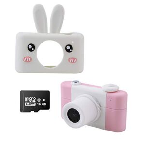 kids camera with white rabbit protective case, 2 inch hd screen camera for kids, children’s selfie camera, multifunction camera including 16g memory card(pink)