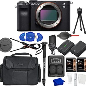 Sony Alpha a7C Compact Mirrorless Camera Bundle with Extra Battery, USB Dual Charger, 2X 64GB SDXC Memory Card, Water Resistant Gadget Bag, Monopod + More