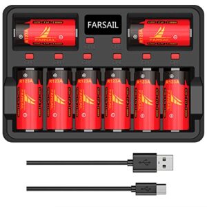 arlo batteries rechargeable 8 pack, farsail 800mah 123a nimh batteries and cr123a charger for arlo vmc3030 vmk3200 vms3130 3230c 3430 3530 cameras, august pro wifi, flashlight