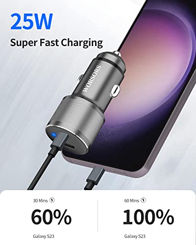 Dual USB C Car Charger, 60W PD (30W + 30W) Super Fast Charging Adapter Metal for Samsung Galaxy S23 Ultra/S23 Plus/S23/S22 Ultra/S22+/S21/S20/S10/Fe, Note 20/10, iPad Pro + 2X Type C to C Cable 3.3Ft
