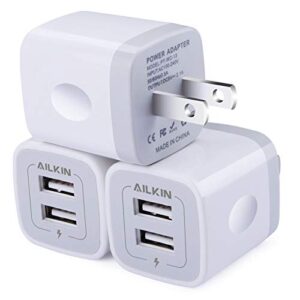 wall charger, 3pack 5v/2.1a ailkin 2-port usb wall charger home travel plug power ac adapter fast charging block cube for iphone 14 13 12 se 11pro max xs xr 8 plus, samsung galaxy, google pixel lg box