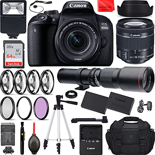 800D DSLR Camera with EF-S 18-55mm f/4-5.6 is STM (Rebel T7i), 500mm f/8.0 Preset Manual Focus Lens, Travel Bundle with Accessories (Extra Battery, Digital Flash, 64Gb Memory and More)