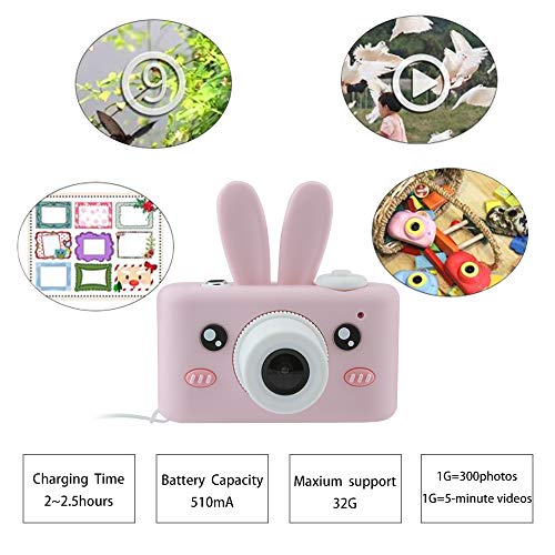 Kids Camera with Pink Rabbit Protective Case, 2 Inch HD Screen Camera for Kids, Children’s Selfie Camera, Multifunction Camera Including 16G Memory Card(Pink)