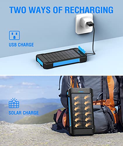 MetFut Solar Power Bank 38800mAh, Solar Charger with Suction Cup Mount Three Modes Flashlight-Steady/SOS/Strobe IPX7 Waterproof/Dustproof/Shockproof External Battery Pack 3 USB Charging Ports(Blue)