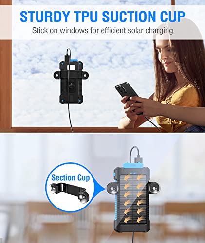 MetFut Solar Power Bank 38800mAh, Solar Charger with Suction Cup Mount Three Modes Flashlight-Steady/SOS/Strobe IPX7 Waterproof/Dustproof/Shockproof External Battery Pack 3 USB Charging Ports(Blue)