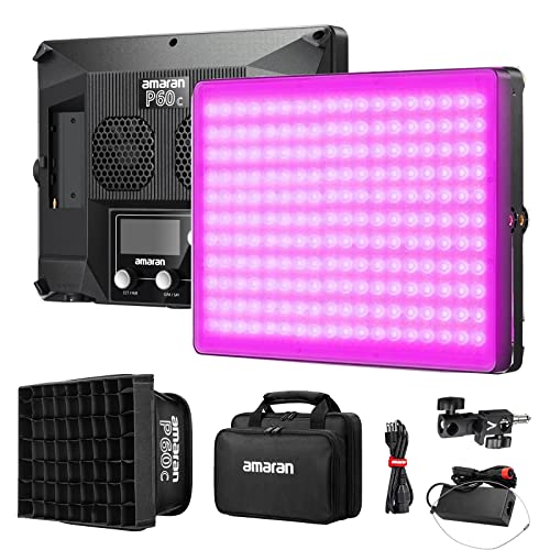 Aputure Amaran P60C RGBWW Video Panel Light,Color Temperature 2500K-7500K,60W,CRI95+/TLCI 96+,5900lux@1m,10 Light Effects,with Softbox,Support App