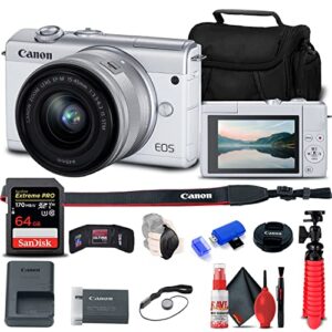 canon eos m200 mirrorless camera with 15-45mm lens (white) (3700c009) + 64gb memory card + card reader + case + flex tripod + hand strap + cap keeper + memory wallet + cleaning kit (renewed)