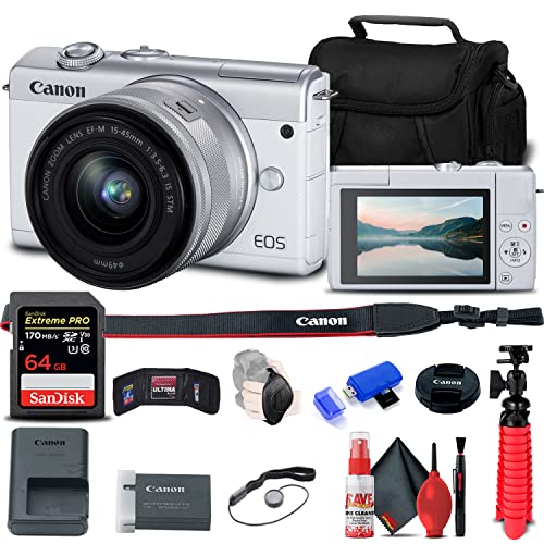 Canon EOS M200 Mirrorless Camera with 15-45mm Lens (White) (3700C009) + 64GB Memory Card + Card Reader + Case + Flex Tripod + Hand Strap + Cap Keeper + Memory Wallet + Cleaning Kit (Renewed)