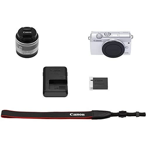 Canon EOS M200 Mirrorless Camera with 15-45mm Lens (White) (3700C009) + 64GB Memory Card + Card Reader + Case + Flex Tripod + Hand Strap + Cap Keeper + Memory Wallet + Cleaning Kit (Renewed)