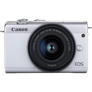 Canon EOS M200 Mirrorless Camera with 15-45mm Lens (White) (3700C009) + 64GB Memory Card + Card Reader + Case + Flex Tripod + Hand Strap + Cap Keeper + Memory Wallet + Cleaning Kit (Renewed)