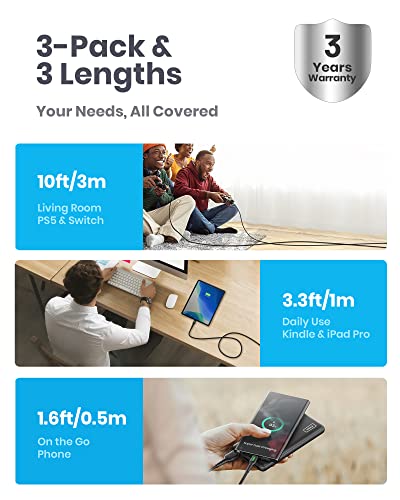 USB C Cable, INIU [3 Pack 3.1A] QC 3.0 Type C Charger Fast Charging Cable, Nylon Braided (1.6+3.3+10ft) USB A to USB-C Phone Charger Cord for Samsung Galaxy S21 S20 S10 Plus Note 20 10 LG Google Pixel