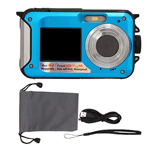 Dual Screens Waterproof Digital Camera, Full HD 2.7K 48MP 10ft 16X Digital Zoom Waterproof Dual Front and Rear Screen Digital Camera for Teenagers Beginners. (Blue)