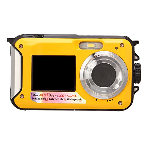 Dual Screens Waterproof Digital Camera, Full HD 2.7K 48MP 10ft 16X Digital Zoom Waterproof Dual Front and Rear Screen Digital Camera for Teenagers Beginners. (Yellow)