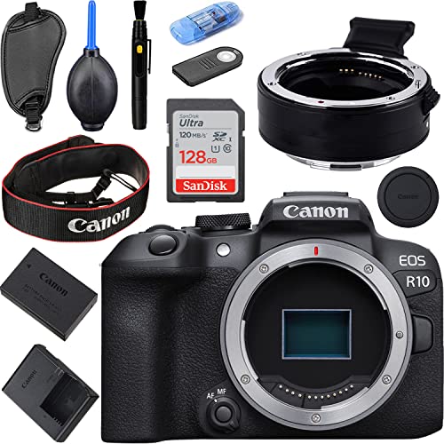Camera Bundle for Canon EOS R10 Mirrorless Camera Body Only + EF-EOS R Mount Adapter, 128Gb Memory Card + Accessories Kit (Renewed)