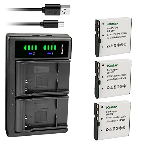 Kastar 3-Pack Battery and LTD2 USB Charger Replacement for Kodak LB-060 LB060 Battery, Kodak PixPro AZ525, PixPro AZ526, PixPro AZ527, PixPro AZ528 Digital Camera, Minolta MN53Z 16MP FHD Bridge Camera