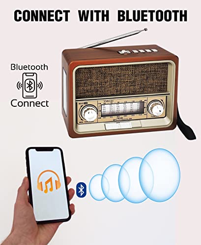 Videyas Portable Shortwave Retro Radio, AM FM Retro Radio, with Bluetooth Speaker, Best Reception, Rechargeable Battery, Torch, AUX TF USB Stick, Great for Outdoor Kitchen Gifts