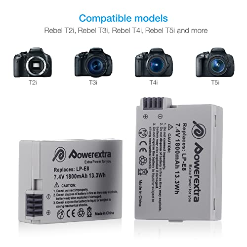 Powerextra LP-E8 2 Pack Compatible with Canon LP E8 Battery and Smart LCD Display Dual USB Charger for Rebel T3i T2i T4i T5i 600D 550D 650D 700D Kiss X5 X4 Kiss X6 Digital Camera