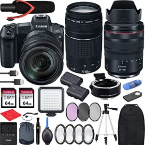 canon eos r with rf 24-105mm f4 is usm lens mirrorless camera bundle + ef 75-300 is iii, ef-eos r mount adapter, v30 microphone, led light, extra battery and accessories(backpack and more), black
