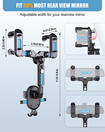 OFY Phone Mount for Car, [Big Rear Mirrors Friendly] Rear View Mirror Phone Holder, 360 Rotatable and Retractable Car Phone Holder for All Mobile Phones & Most Vehicles