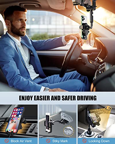 OFY Phone Mount for Car, [Big Rear Mirrors Friendly] Rear View Mirror Phone Holder, 360 Rotatable and Retractable Car Phone Holder for All Mobile Phones & Most Vehicles