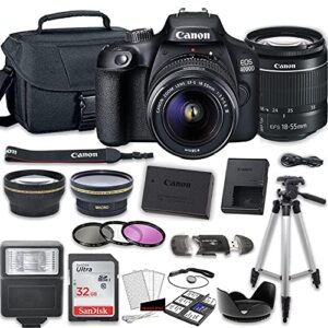 4000d (rebel t100) dslr camera with ef-s 18-55mm f/3.5-5.6 iii lens bundle, starter kit with accessories (gadget bag, extra battery, digital slave flash, 128gb memory, 50″ tripod and more)