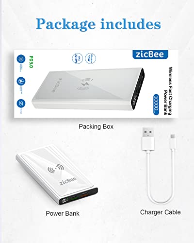 15W Wireless Portable Charger, 22.5W PD20W QC3.0 USB-C Fast Charging 10000mAh Power Bank LED Display, 2 Inputs and 4 Outputs, Slim & Light External Battery Pack for iPhone iPad Airpod Samsung LG Sony