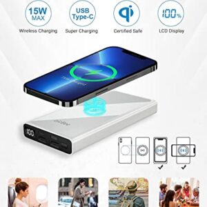 15W Wireless Portable Charger, 22.5W PD20W QC3.0 USB-C Fast Charging 10000mAh Power Bank LED Display, 2 Inputs and 4 Outputs, Slim & Light External Battery Pack for iPhone iPad Airpod Samsung LG Sony