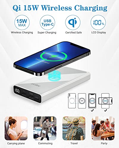 15W Wireless Portable Charger, 22.5W PD20W QC3.0 USB-C Fast Charging 10000mAh Power Bank LED Display, 2 Inputs and 4 Outputs, Slim & Light External Battery Pack for iPhone iPad Airpod Samsung LG Sony