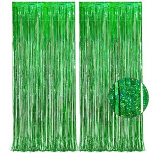 green tinsel curtain party backdrop – greatril foil fringe curtain for st patrick’s day/luau/hawaiian/dinosaur/jungle/summer/safari/ghost/football party/christmas/birthday party decorations 2 packs