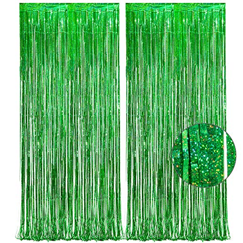 Green Tinsel Curtain Party Backdrop - GREATRIL Foil Fringe Curtain for St Patrick’s Day/Luau/Hawaiian/Dinosaur/Jungle/Summer/Safari/Ghost/Football Party/Christmas/Birthday Party Decorations 2 Packs