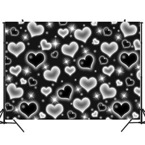 9×6ft Early 2000s Photo Backdrop Black Heart Birthday Party Banner Mother's Day Decorations Glitter Heart Sweet 16 18th 21th 30th Women Men Happy Birthday Photography Background Selfile Wall Decor