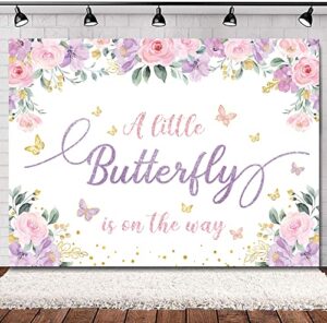 svbright butterfly floral baby shower backdrop 7wx5h a little butterfly is on the way pink purple flowers girls princess gold dots party decorations photography background banner photo booth studio