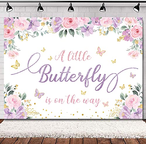 SVBright Butterfly Floral Baby Shower Backdrop 7Wx5H A Little Butterfly is on The Way Pink Purple Flowers Girls Princess Gold Dots Party Decorations Photography Background Banner Photo Booth Studio