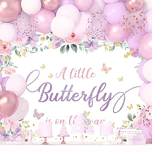 SVBright Butterfly Floral Baby Shower Backdrop 7Wx5H A Little Butterfly is on The Way Pink Purple Flowers Girls Princess Gold Dots Party Decorations Photography Background Banner Photo Booth Studio