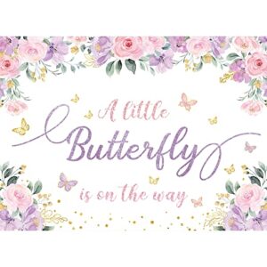 SVBright Butterfly Floral Baby Shower Backdrop 7Wx5H A Little Butterfly is on The Way Pink Purple Flowers Girls Princess Gold Dots Party Decorations Photography Background Banner Photo Booth Studio