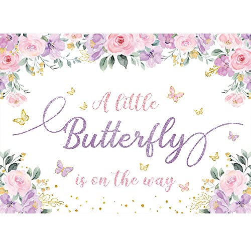 SVBright Butterfly Floral Baby Shower Backdrop 7Wx5H A Little Butterfly is on The Way Pink Purple Flowers Girls Princess Gold Dots Party Decorations Photography Background Banner Photo Booth Studio