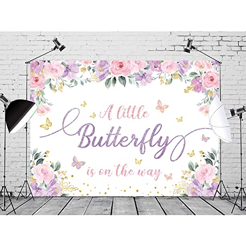 SVBright Butterfly Floral Baby Shower Backdrop 7Wx5H A Little Butterfly is on The Way Pink Purple Flowers Girls Princess Gold Dots Party Decorations Photography Background Banner Photo Booth Studio