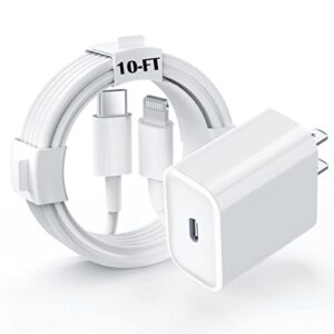 iphone charger fast charging 10 ft [apple mfi certified], pd 20w usb c wall charger block with 10ft long type c to lightning fast charging data sync cable for iphone 14 13 12 11 xs xr x 8 ipad