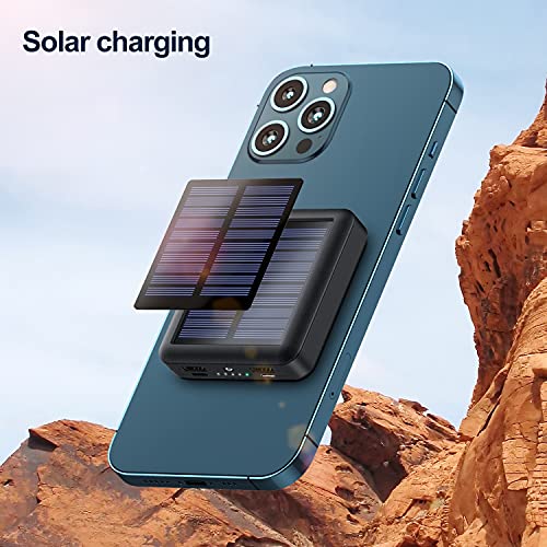 Solar Power Bank 12000mAh,Small Solar Charger Built in 4 Cables,USB C Input/Output,Dual Flashlight External Battery Portable Charger Power Bank for iPhone,Tablet,Samsung