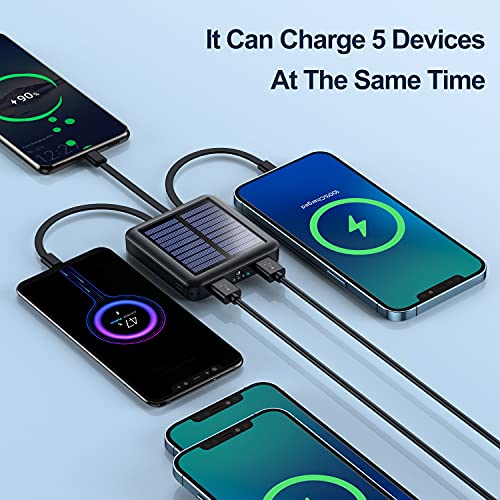Solar Power Bank 12000mAh,Small Solar Charger Built in 4 Cables,USB C Input/Output,Dual Flashlight External Battery Portable Charger Power Bank for iPhone,Tablet,Samsung