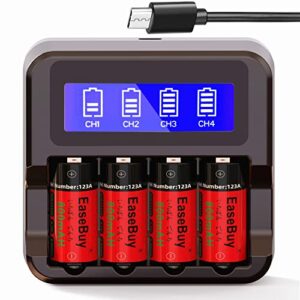 Batteries Rechargeable for Arlo, EaseBuy 4-Pack 800mAH 123A Arlo Batteries and LCD Display CR123A Charger for Arlo VMS3130 VMC3030 VMK3200 VMS3330 3430 3530 Cameras, Alarm System, Flashlight