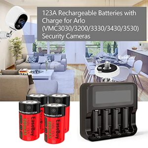 Batteries Rechargeable for Arlo, EaseBuy 4-Pack 800mAH 123A Arlo Batteries and LCD Display CR123A Charger for Arlo VMS3130 VMC3030 VMK3200 VMS3330 3430 3530 Cameras, Alarm System, Flashlight