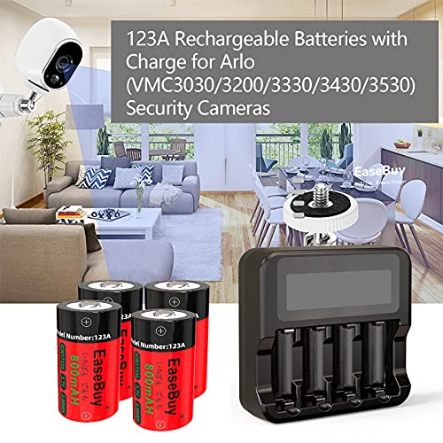 Batteries Rechargeable for Arlo, EaseBuy 4-Pack 800mAH 123A Arlo Batteries and LCD Display CR123A Charger for Arlo VMS3130 VMC3030 VMK3200 VMS3330 3430 3530 Cameras, Alarm System, Flashlight